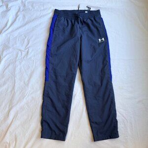 NWT Under Armour Boys Loose Fit Rival Woven Pants YL Navy Blue with Drawstring